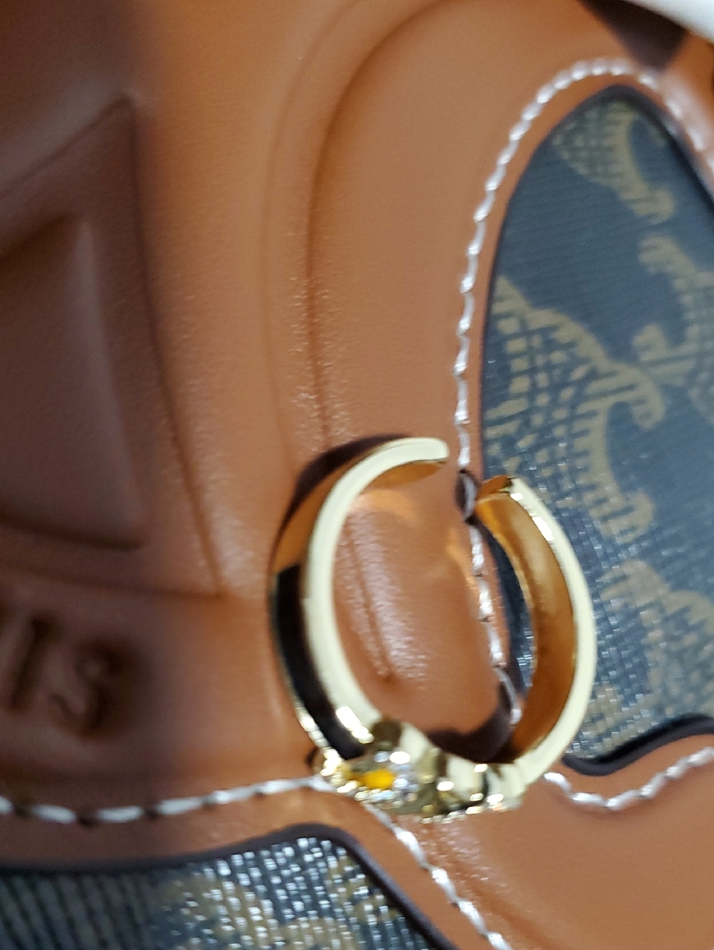 Celine Gold-Tone Ring with Black Enamel and Crystal Logo Accent Fashion Ring - Picture 5 of 5